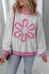 Floral Applique Mixed Media Lace Detail Pullover Sweatshirt