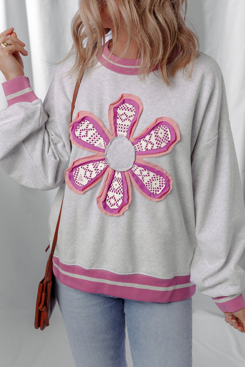 Floral Applique Mixed Media Lace Detail Pullover Sweatshirt