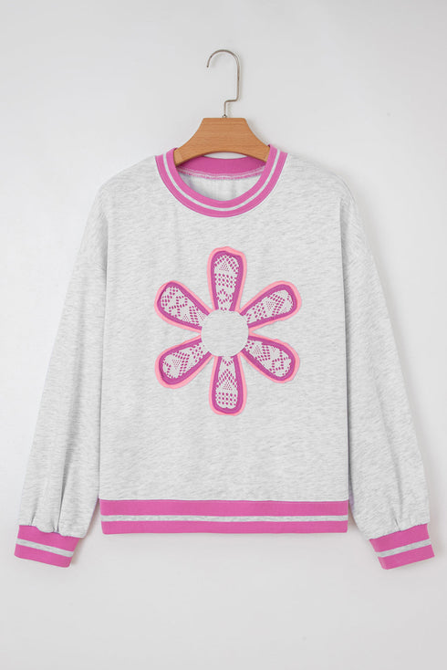 Floral Applique Mixed Media Lace Detail Pullover Sweatshirt
