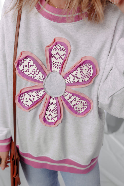 Floral Applique Mixed Media Lace Detail Pullover Sweatshirt