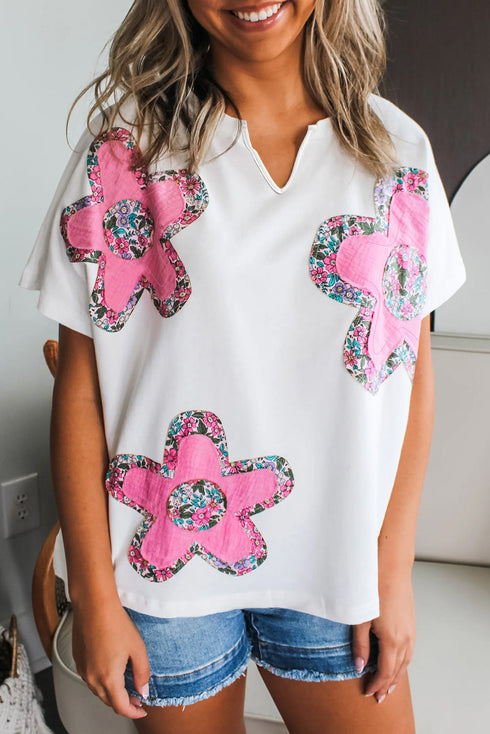 Floral Applique Notched V Neck Dolman Sleeve Top