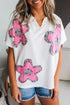 Floral Applique Notched V Neck Dolman Sleeve Top