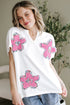 Floral Applique Notched V Neck Dolman Sleeve Top