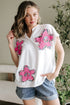 Floral Applique Notched V Neck Dolman Sleeve Top