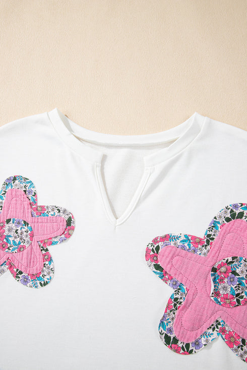 Floral Applique Notched V Neck Dolman Sleeve Top
