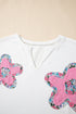 Floral Applique Notched V Neck Dolman Sleeve Top