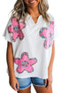 Floral Applique Notched V Neck Dolman Sleeve Top