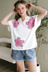 Floral Applique Notched V Neck Dolman Sleeve Top