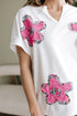Floral Applique Notched V Neck Dolman Sleeve Top