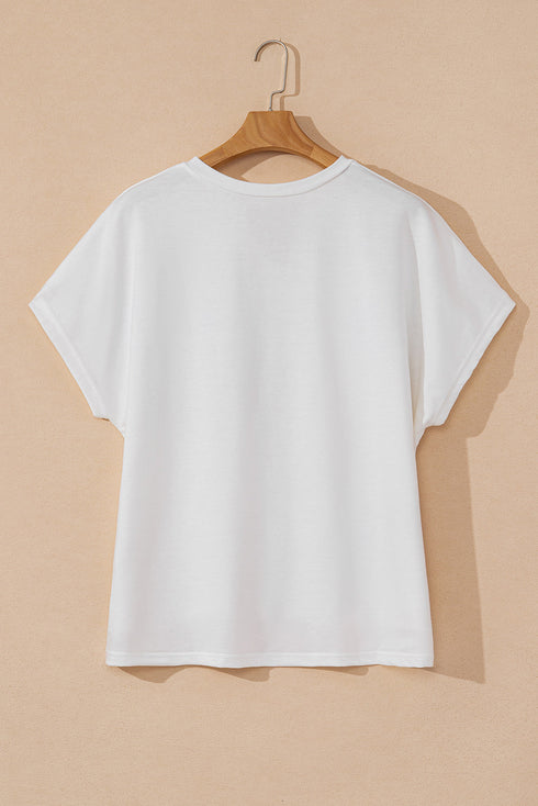 Floral Applique Notched V Neck Dolman Sleeve Top