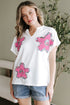 Floral Applique Notched V Neck Dolman Sleeve Top