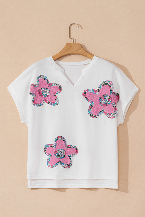 Floral Applique Notched V Neck Dolman Sleeve Top