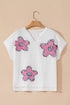 Floral Applique Notched V Neck Dolman Sleeve Top