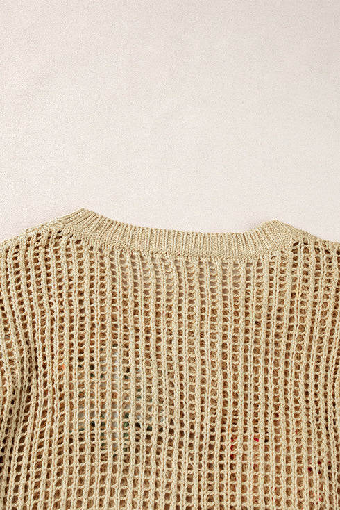 Floral Applique Open Knit Mesh Short Sleeve Top
