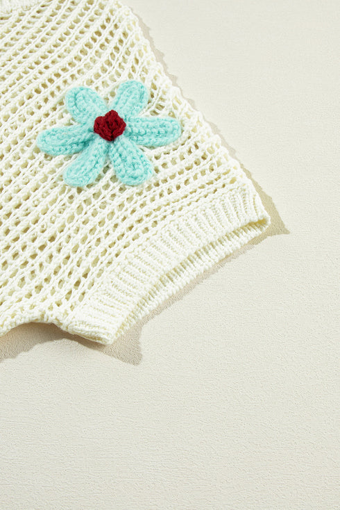 Floral Applique Open Knit Mesh Short Sleeve Top
