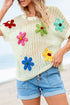 Floral Applique Open Knit Mesh Short Sleeve Top
