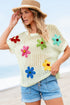 Floral Applique Open Knit Mesh Short Sleeve Top