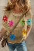 Floral Applique Open Knit Mesh Short Sleeve Top