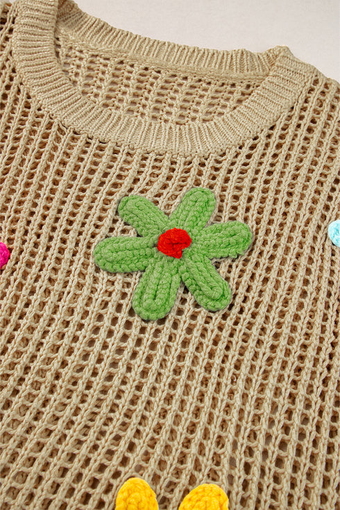 Floral Applique Open Knit Mesh Short Sleeve Top