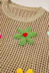 Floral Applique Open Knit Mesh Short Sleeve Top
