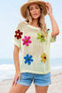 Floral Applique Open Knit Mesh Short Sleeve Top