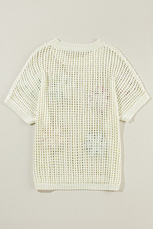 Floral Applique Open Knit Mesh Short Sleeve Top