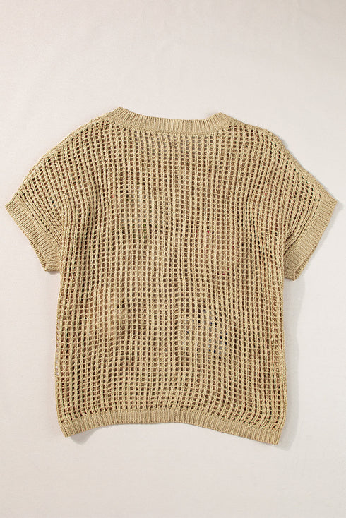 Floral Applique Open Knit Mesh Short Sleeve Top