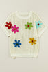 Floral Applique Open Knit Mesh Short Sleeve Top