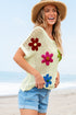 Floral Applique Open Knit Mesh Short Sleeve Top