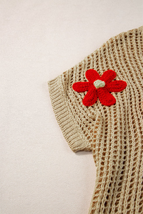 Floral Applique Open Knit Mesh Short Sleeve Top