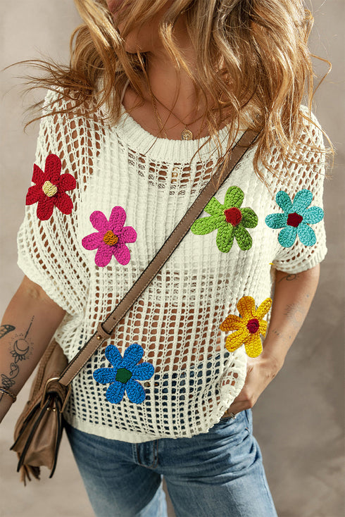 Floral Applique Open Knit Mesh Short Sleeve Top