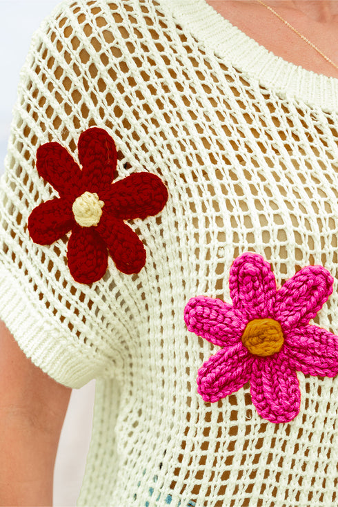 Floral Applique Open Knit Mesh Short Sleeve Top