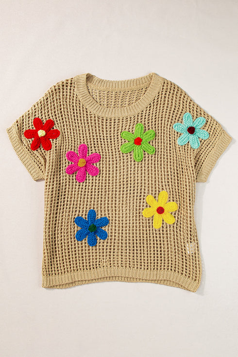 Floral Applique Open Knit Mesh Short Sleeve Top