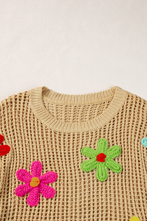 Floral Applique Open Knit Mesh Short Sleeve Top