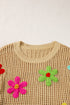 Floral Applique Open Knit Mesh Short Sleeve Top