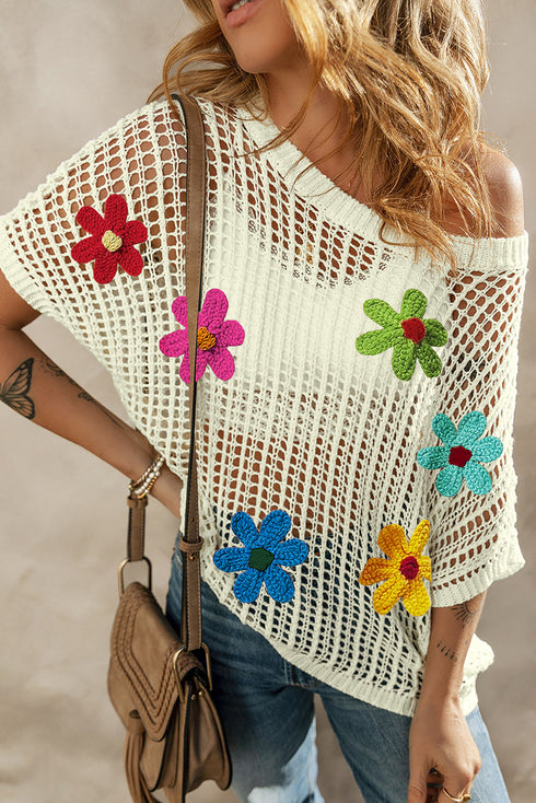 Floral Applique Open Knit Mesh Short Sleeve Top
