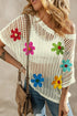 Floral Applique Open Knit Mesh Short Sleeve Top