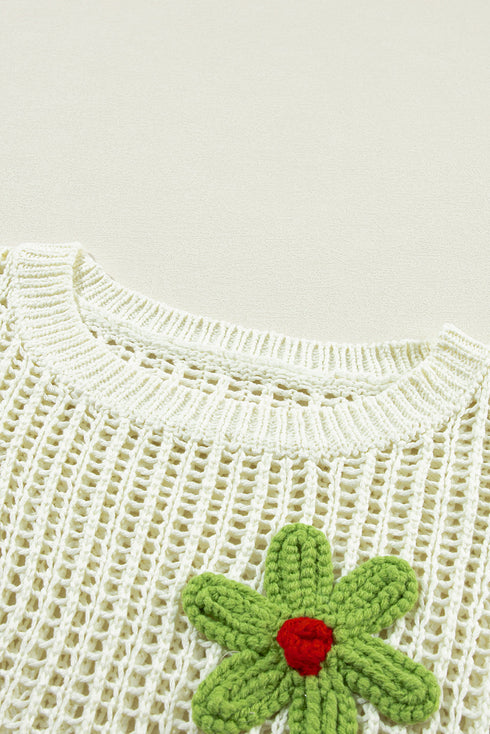 Floral Applique Open Knit Mesh Short Sleeve Top