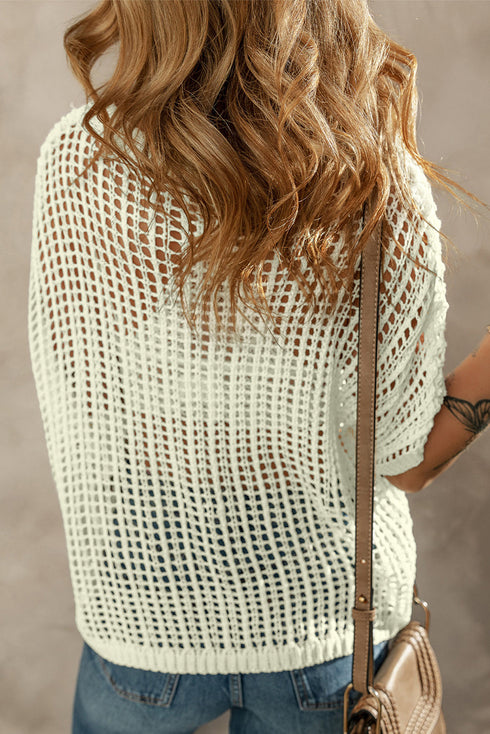 Floral Applique Open Knit Mesh Short Sleeve Top