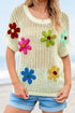 Floral Applique Open Knit Mesh Short Sleeve Top