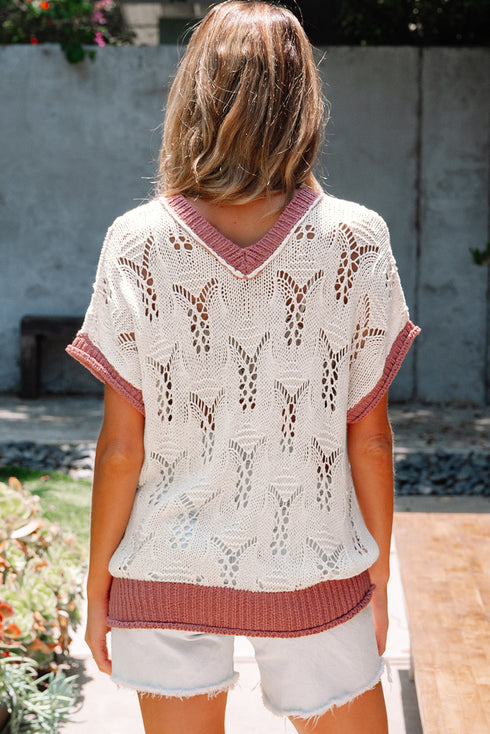 Floral Applique Open Stitch V Neck Sweater Top