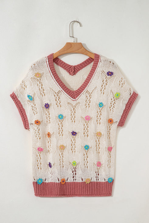 Floral Applique Open Stitch V Neck Sweater Top