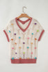 Floral Applique Open Stitch V Neck Sweater Top