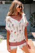 Floral Applique Open Stitch V Neck Sweater Top