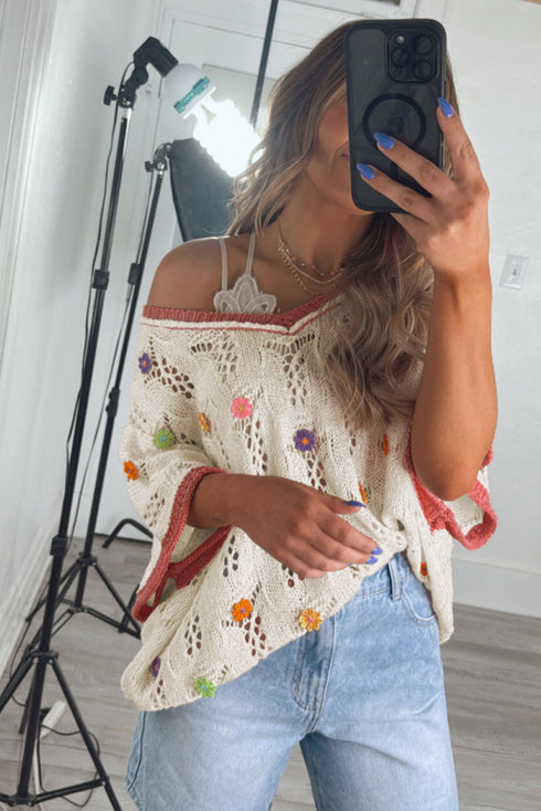 Floral Applique Open Stitch V Neck Sweater Top