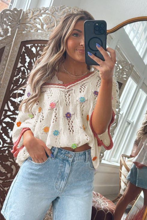 Floral Applique Open Stitch V Neck Sweater Top