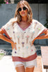 Floral Applique Open Stitch V Neck Sweater Top