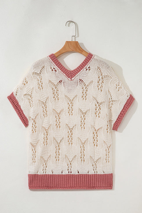 Floral Applique Open Stitch V Neck Sweater Top