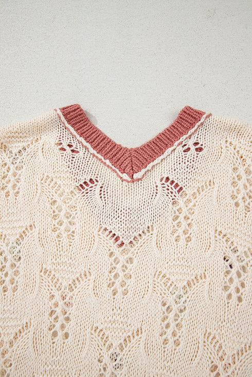Floral Applique Open Stitch V Neck Sweater Top