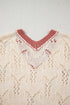Floral Applique Open Stitch V Neck Sweater Top